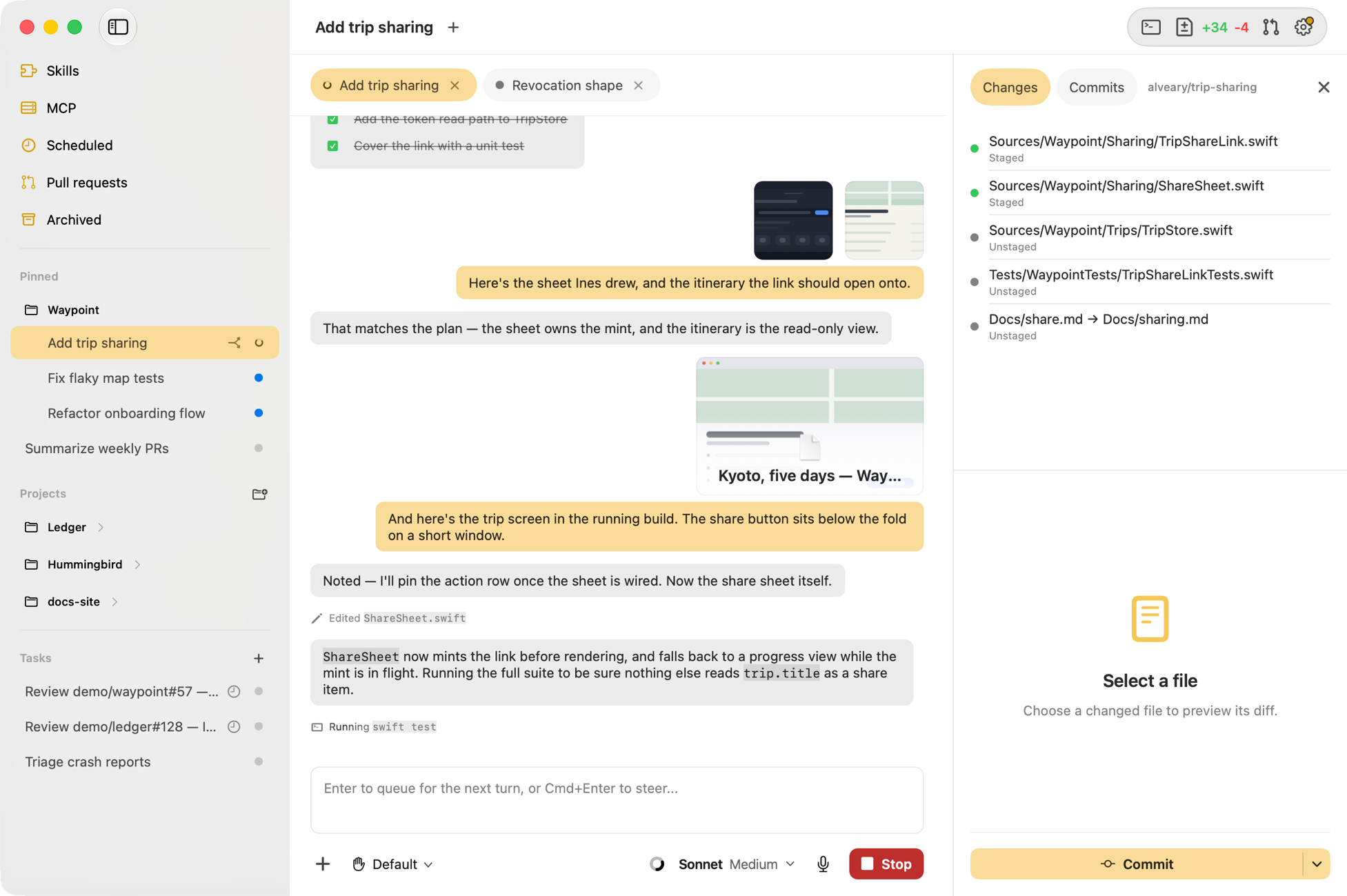 The Alveary main window: an agent working through a thread, a Git panel beside it listing staged and unstaged files with a commit button, and a sidebar of pinned threads, projects, and tasks.