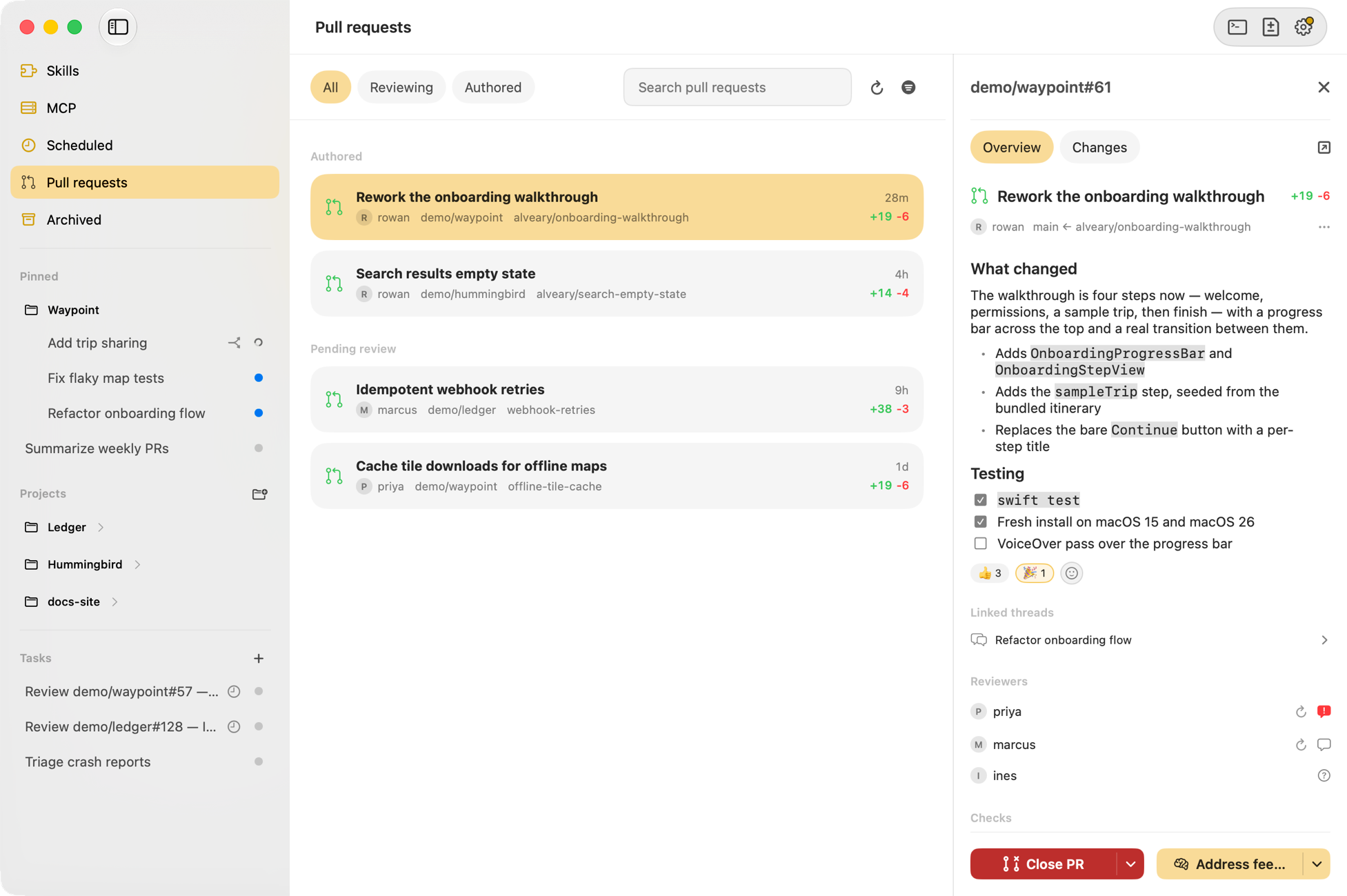 The Pull requests tab: pull requests on the left grouped into authored and pending review, and a detail pane on the right with the description, testing notes, linked threads, reviewers, and checks.