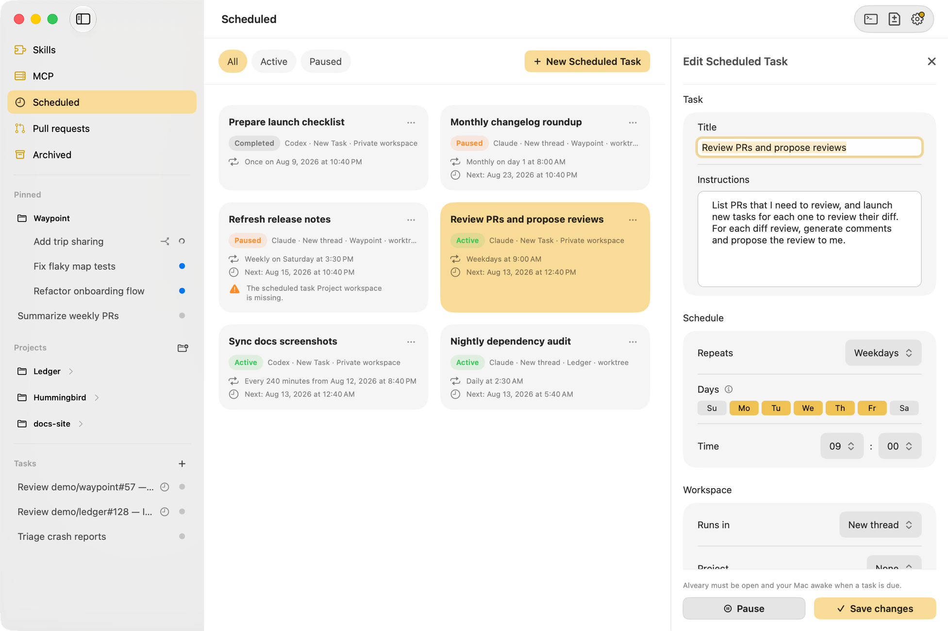 The Scheduled tab, listing recurring agent tasks with their cadence and next run time, with the task editor open beside it for the title, instructions, schedule, and workspace.